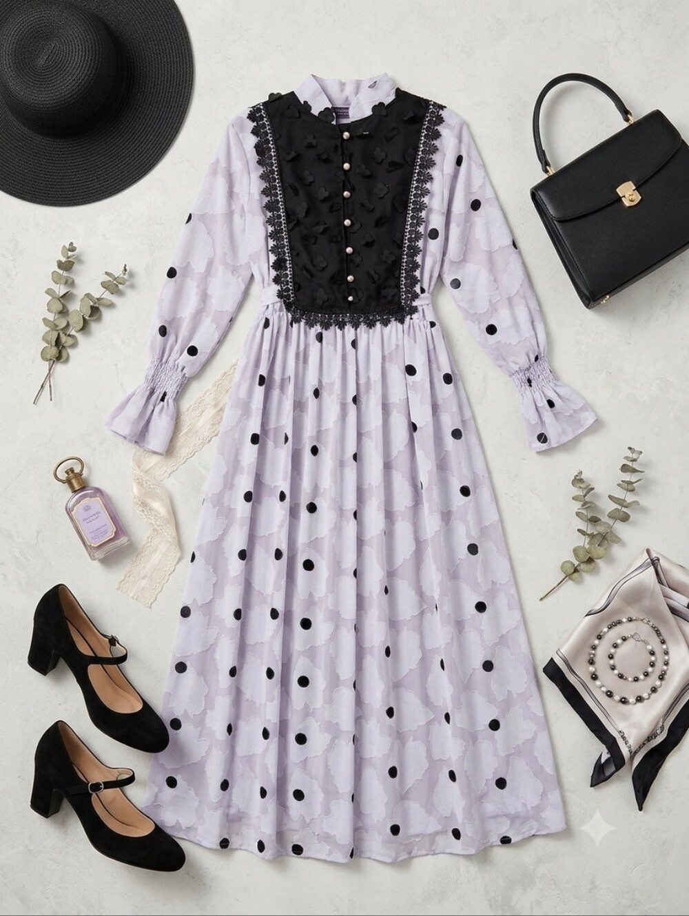 90s Y2K Venous Purple Black Floral Appliqué Long Sleeve Maxi Dress